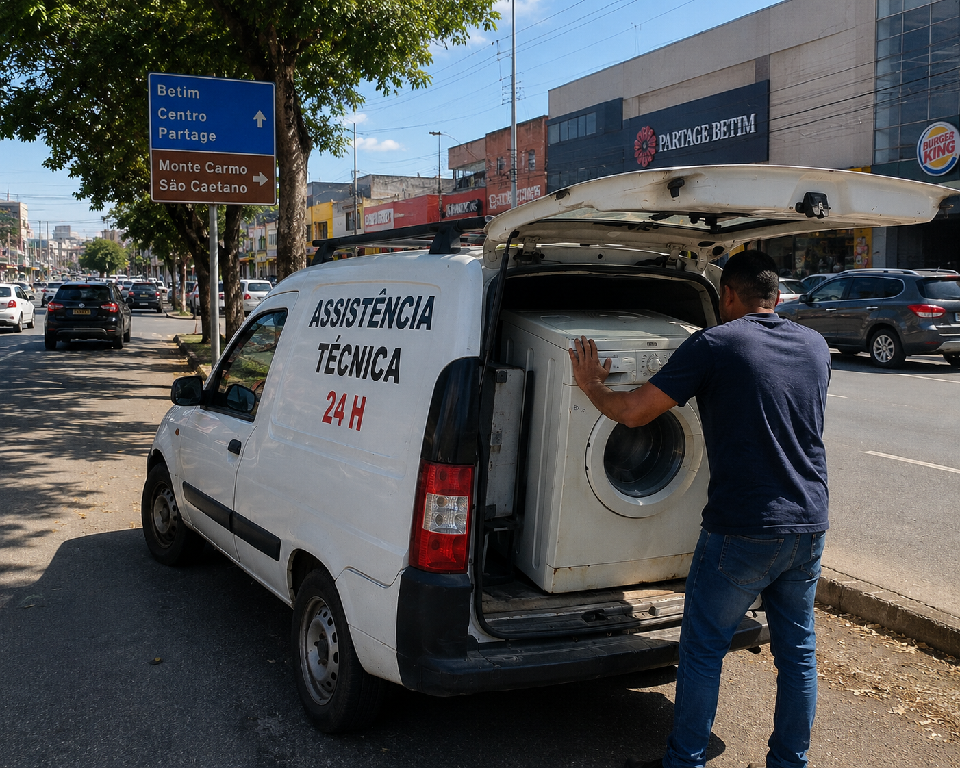 Técnico de assistência técnica em Betim colocando máquina de lavar dentro de carro