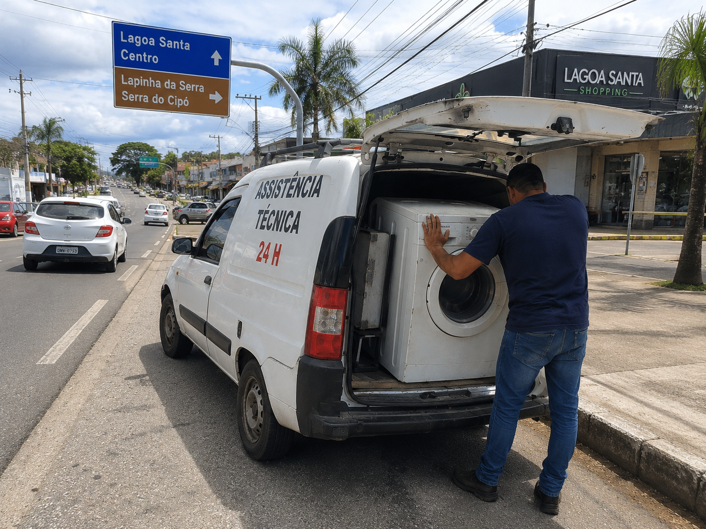 Técnico da assistência 24h colocando máquina de lavar no carro