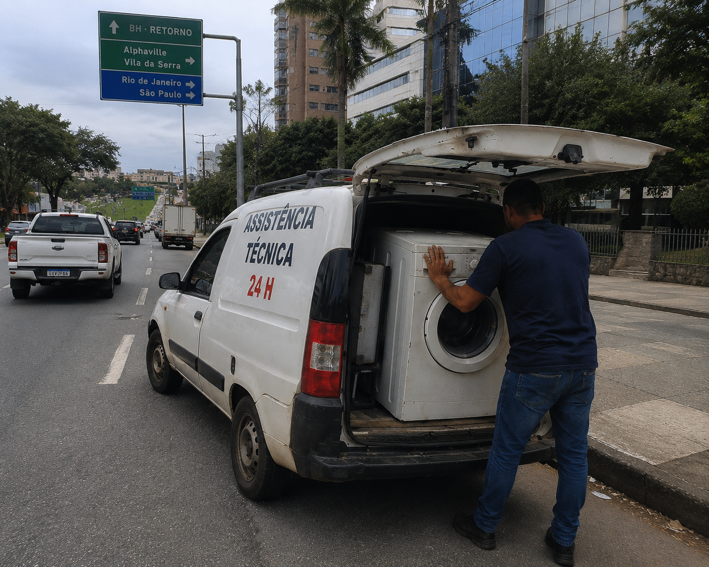 Técnico da assistência técnica 24h colocando a máquina de lavar no carro corporativo