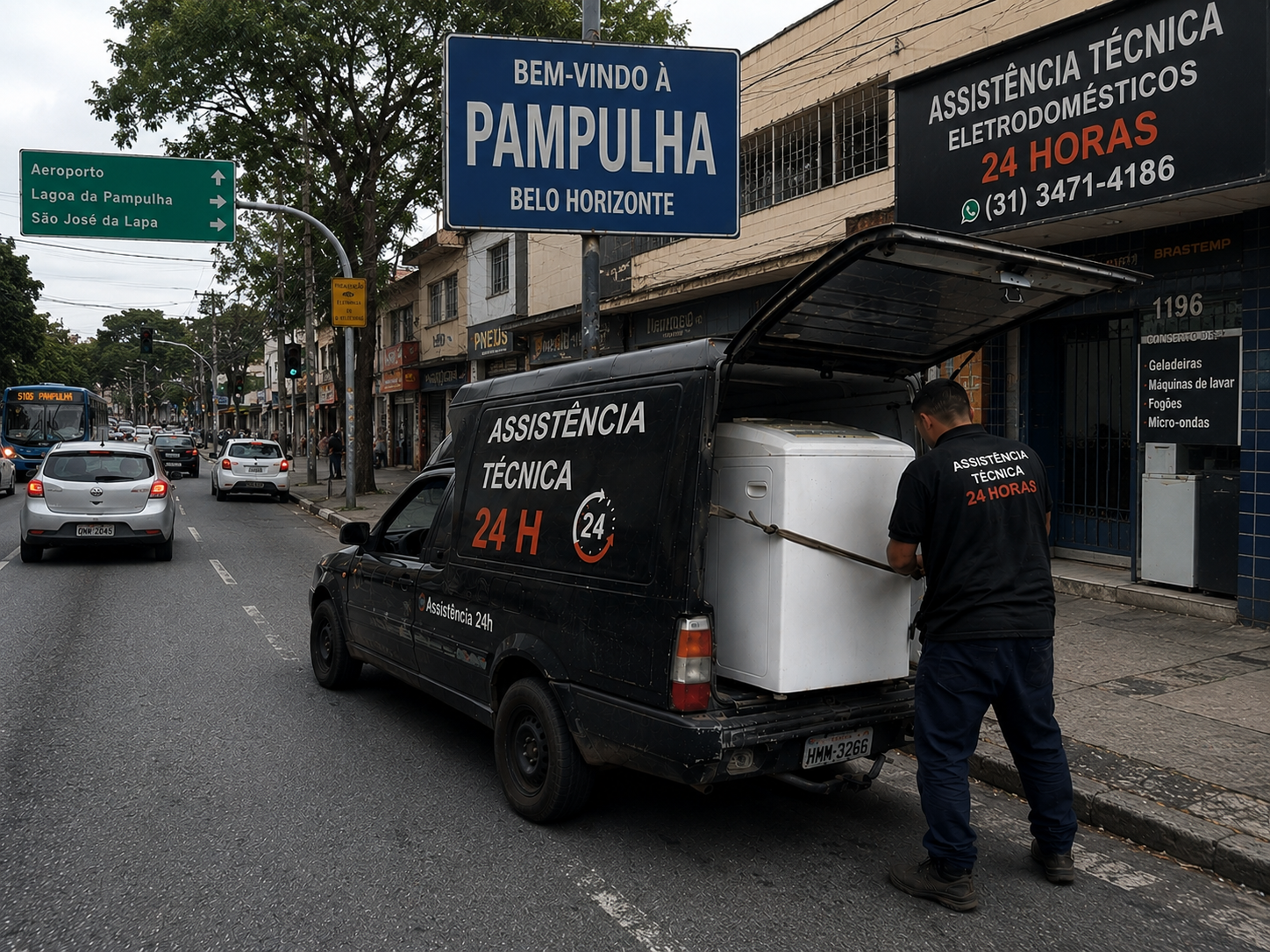 Viaturas de assistência técnica posicionadas para atendimento na região da Lagoa da Pampulha em Belo Horizonte