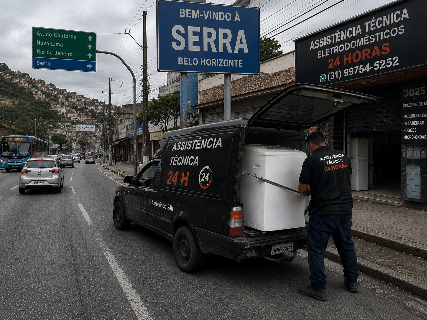 Técnico prestando atendimento a eletrodomésticos em área residencial no bairro Serra, Belo Horizonte