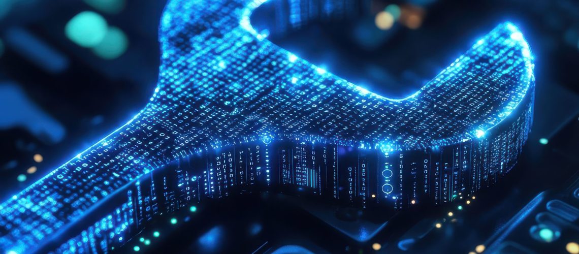 Digital Wrench Spanner with Glowing Binary Code for Future Technology Concepts
